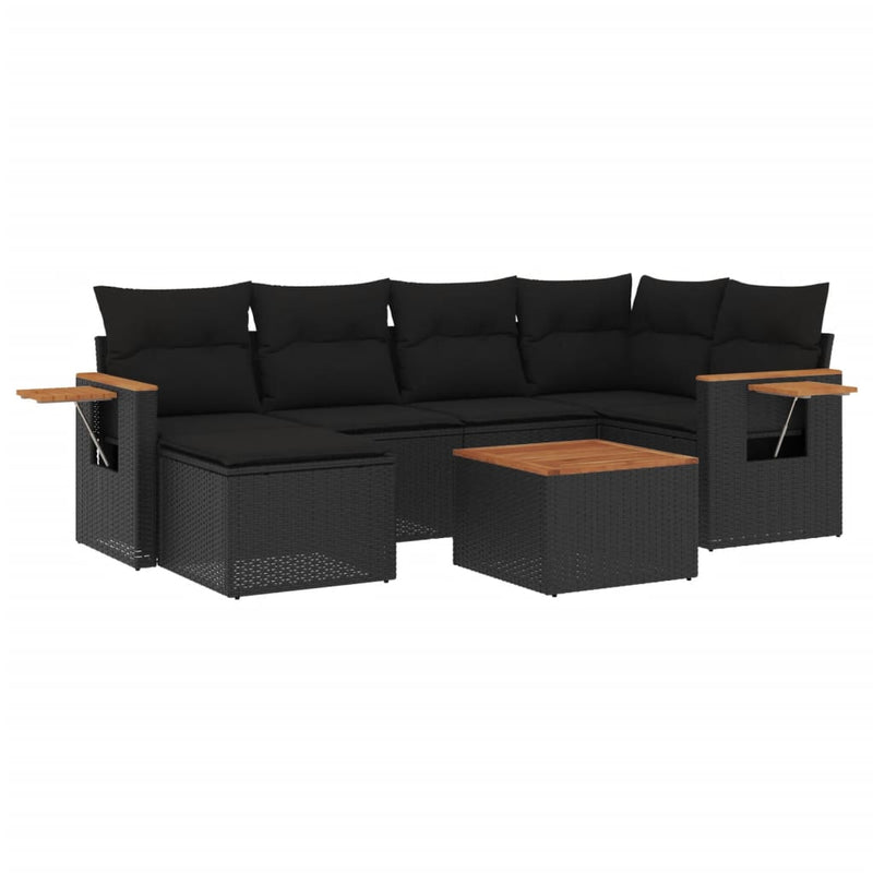 7-delige Loungeset met kussens poly rattan zwart