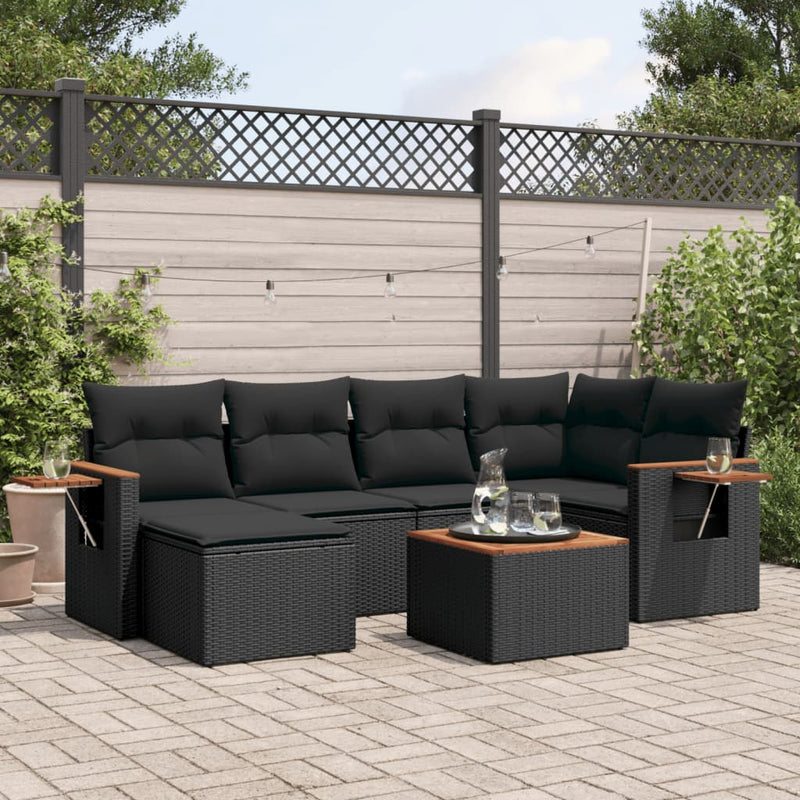 7-delige Loungeset met kussens poly rattan zwart