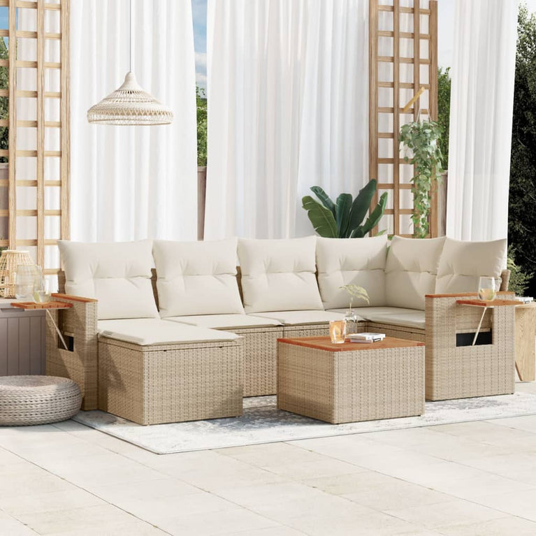 7-delige Loungeset met kussens poly rattan beige