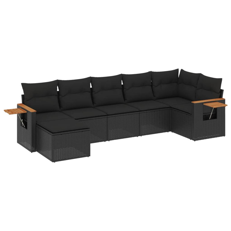 7-delige Loungeset met kussens poly rattan zwart