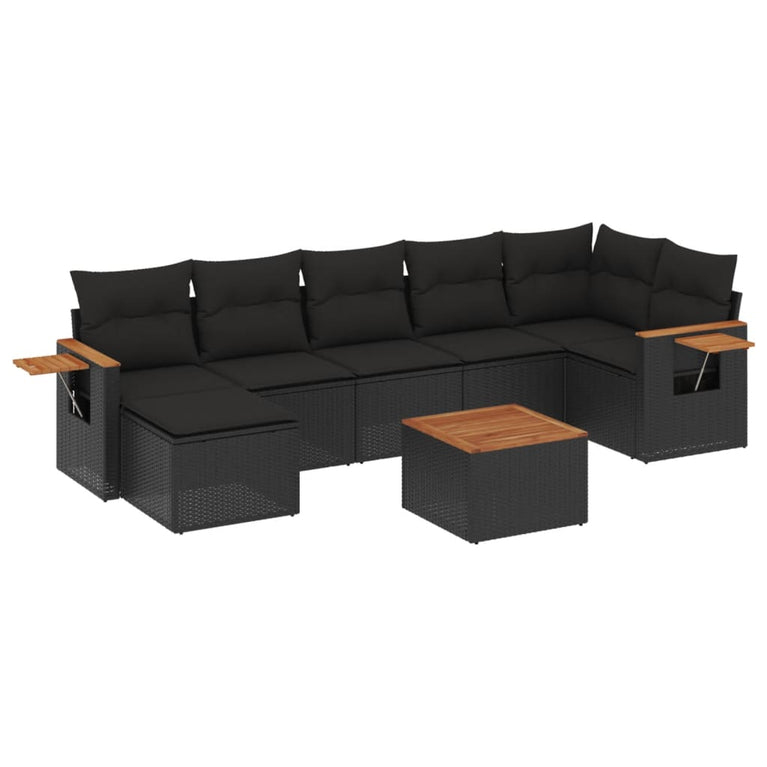 8-delige Loungeset met kussens poly rattan zwart