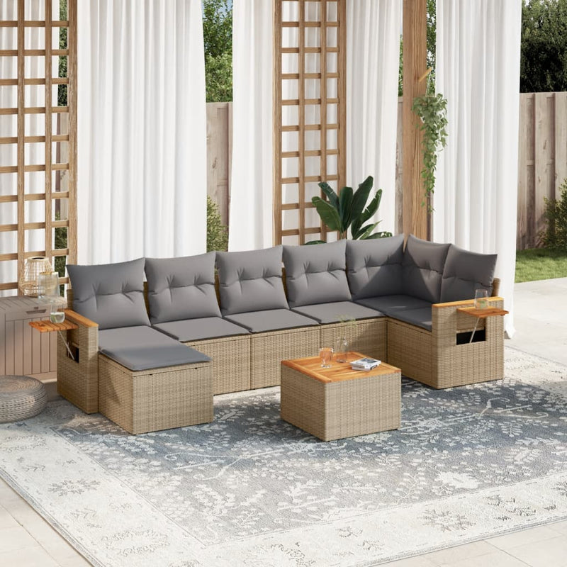 8-delige Loungeset met kussens poly rattan beige