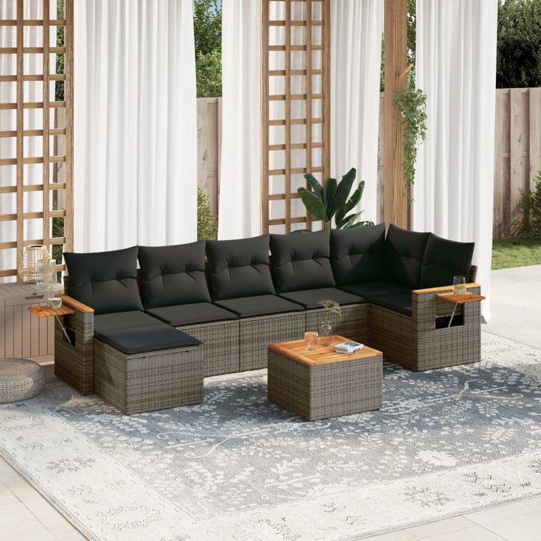8-delige Loungeset met kussens poly rattan grijs