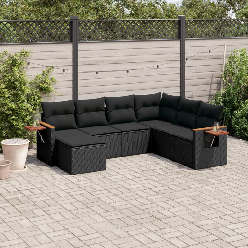 7-delige Loungeset met kussens poly rattan zwart