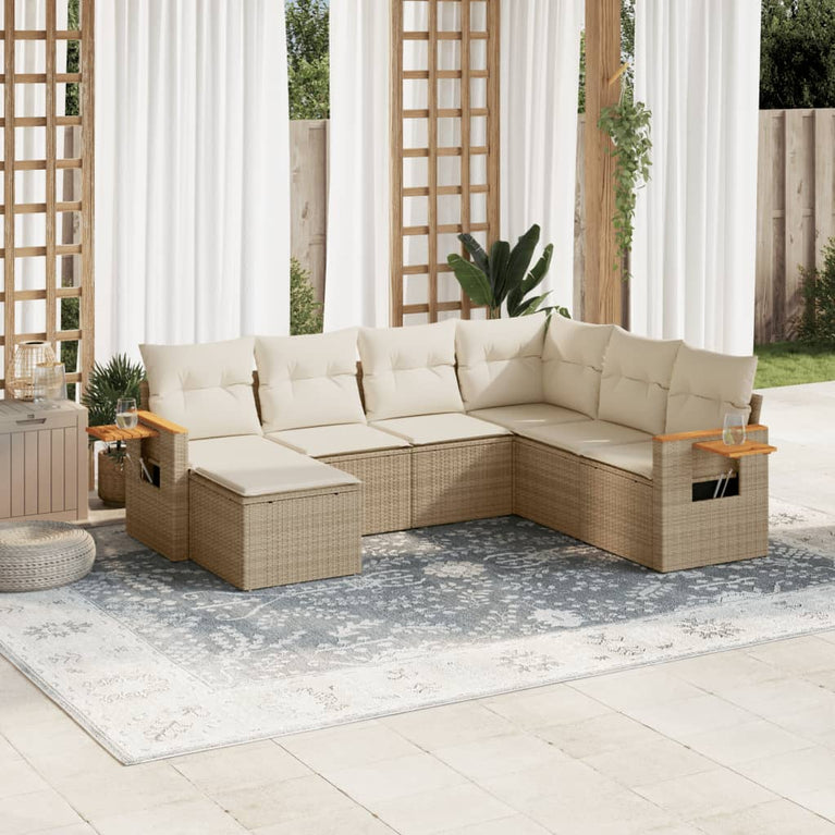 7-delige Loungeset met kussens poly rattan beige
