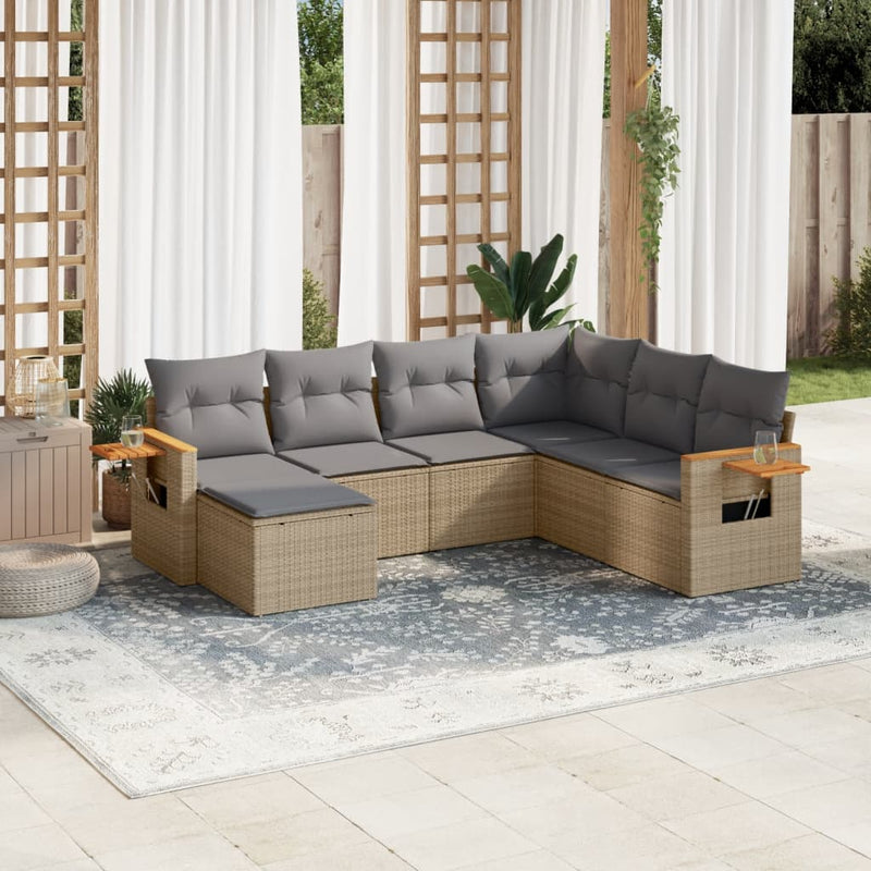 7-delige Loungeset met kussens poly rattan beige