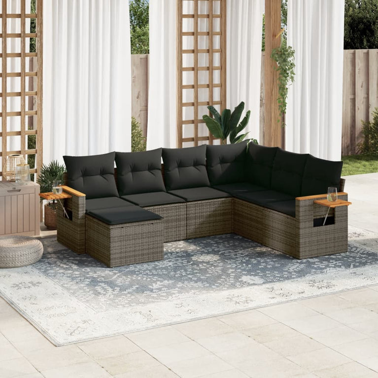 7-delige Loungeset met kussens poly rattan grijs