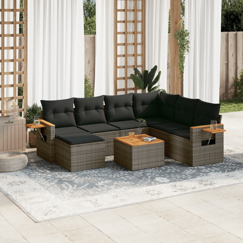 8-delige Loungeset met kussens poly rattan grijs