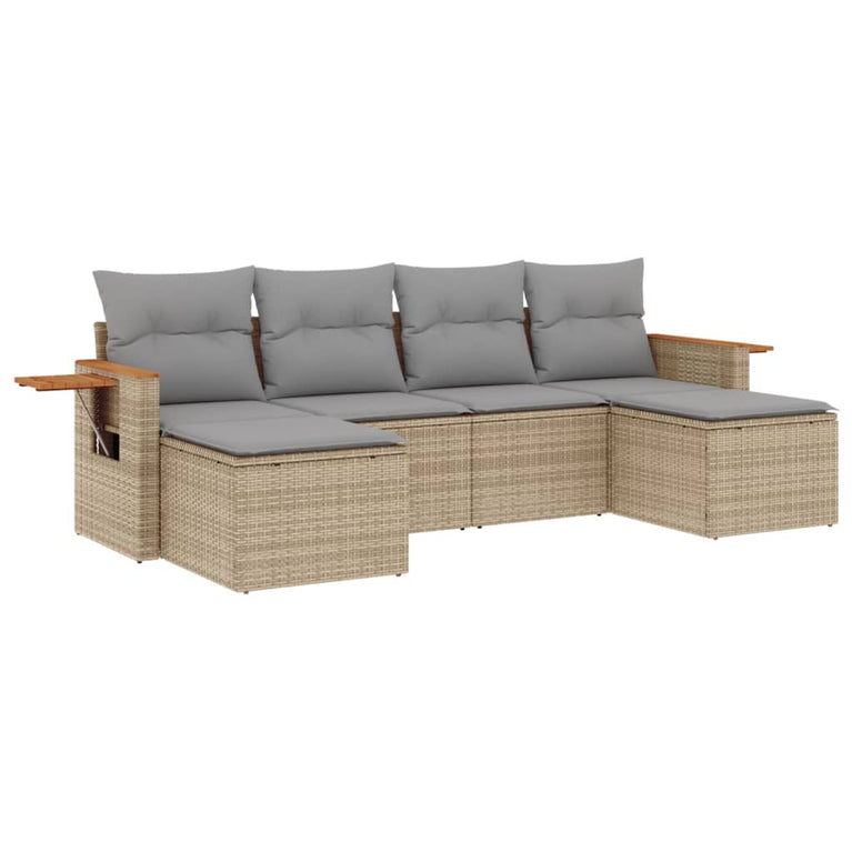 6-delige Loungeset met kussens poly rattan beige