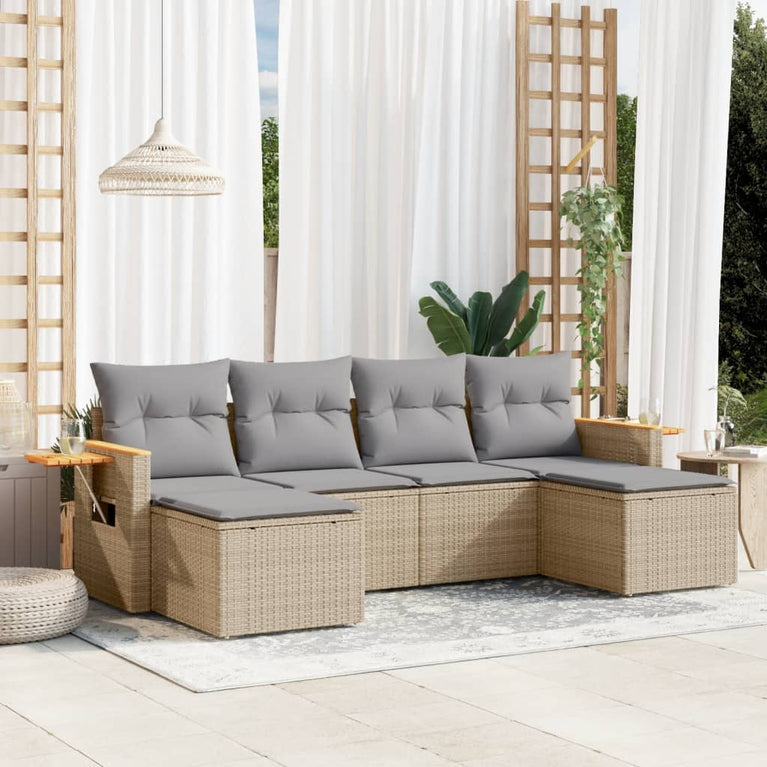 6-delige Loungeset met kussens poly rattan beige