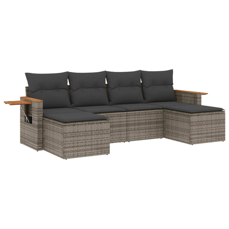 6-delige Loungeset met kussens poly rattan grijs