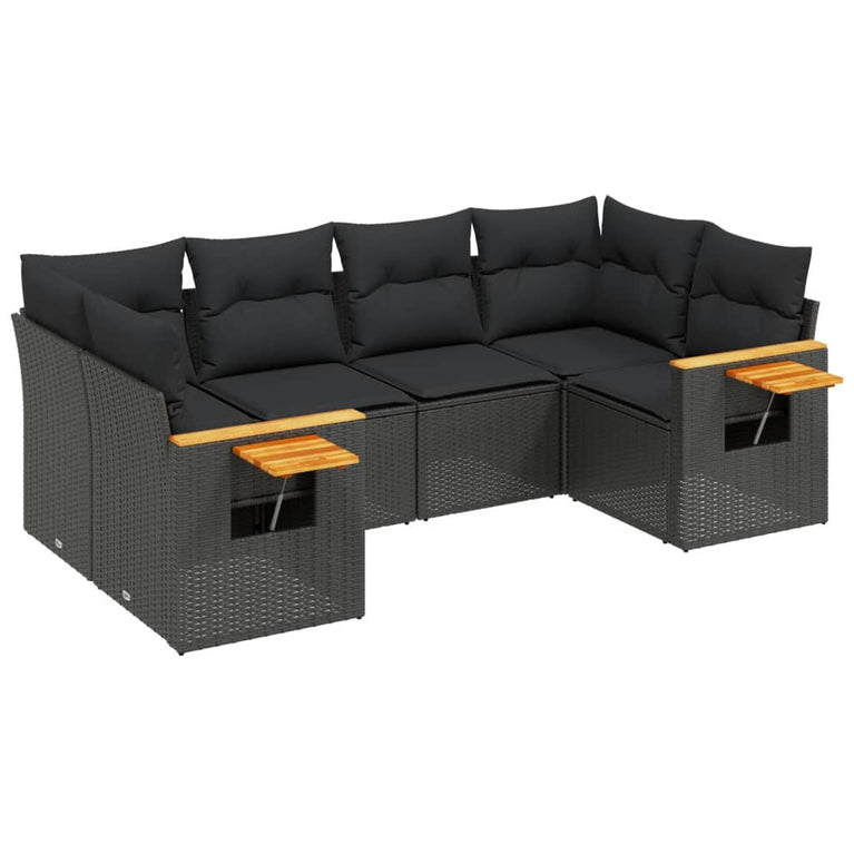 6-delige Loungeset met kussens poly rattan zwart