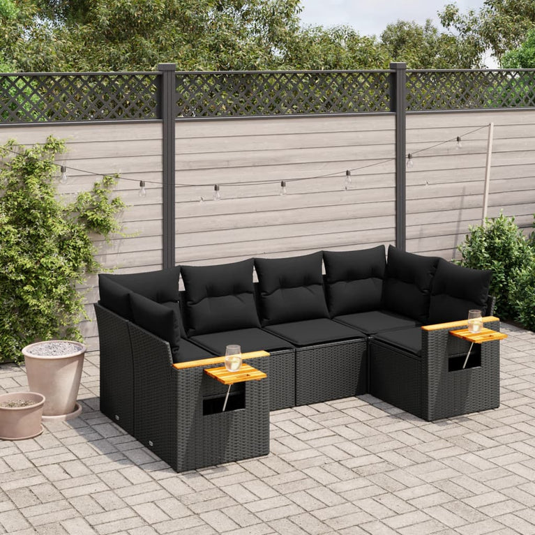 6-delige Loungeset met kussens poly rattan zwart