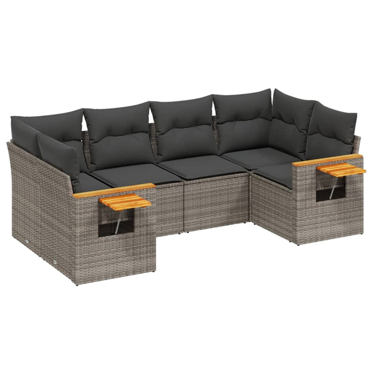 6-delige Loungeset met kussens poly rattan grijs