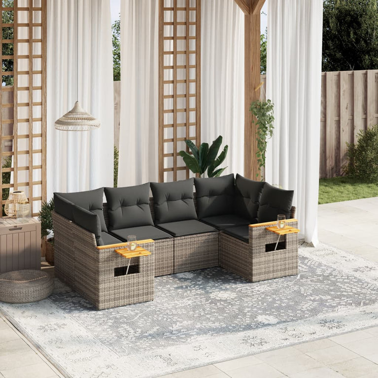 6-delige Loungeset met kussens poly rattan grijs