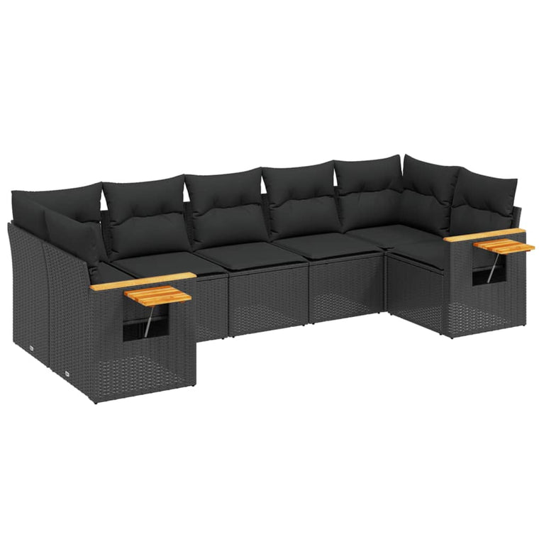 7-delige Loungeset met kussens poly rattan zwart