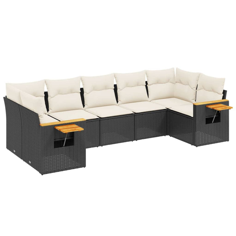 7-delige Loungeset met kussens poly rattan zwart