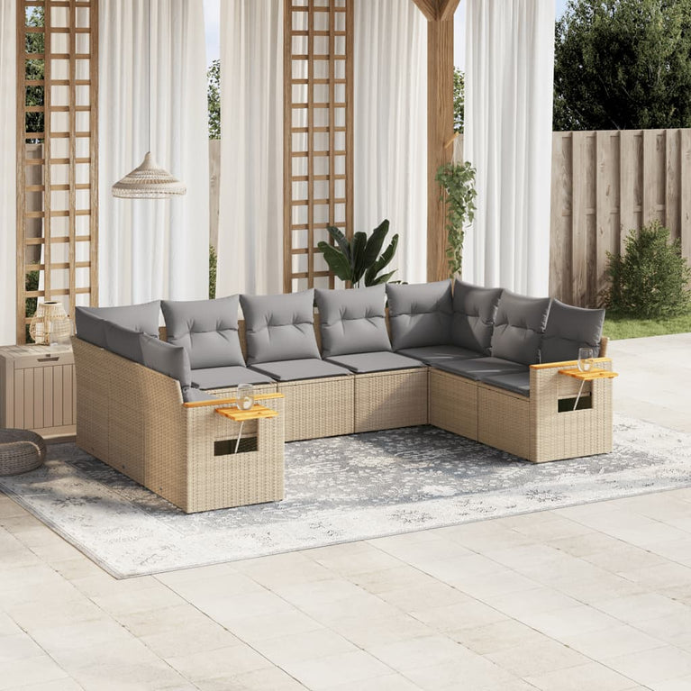 9-delige Loungeset met kussens poly rattan beige