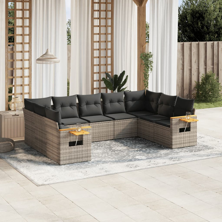 9-delige Loungeset met kussens poly rattan grijs