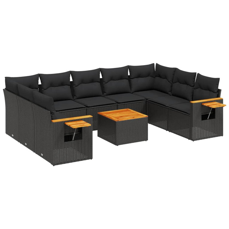 10-delige Loungeset met kussens poly rattan zwart