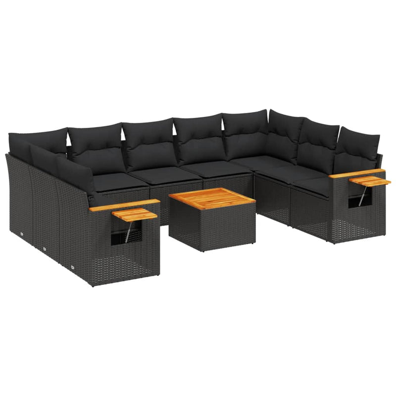 10-delige Loungeset met kussens poly rattan zwart