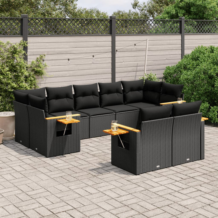 9-delige Loungeset met kussens poly rattan zwart