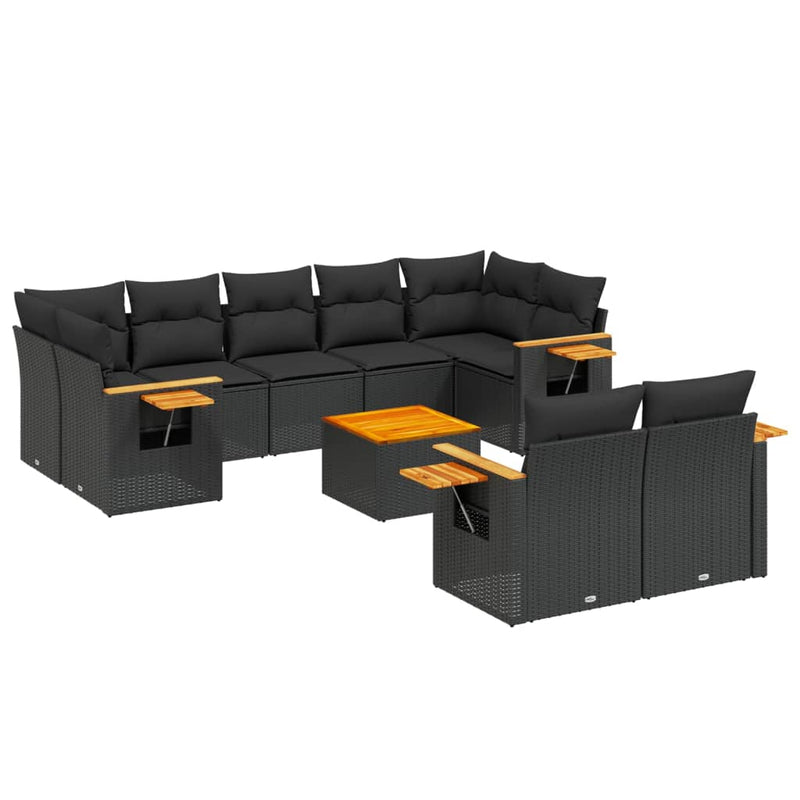10-delige Loungeset met kussens poly rattan zwart
