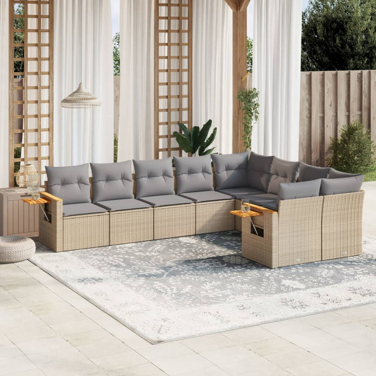 9-delige Loungeset met kussens poly rattan beige