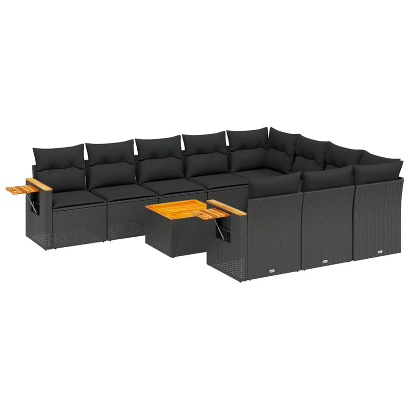 11-delige Loungeset met kussens poly rattan zwart