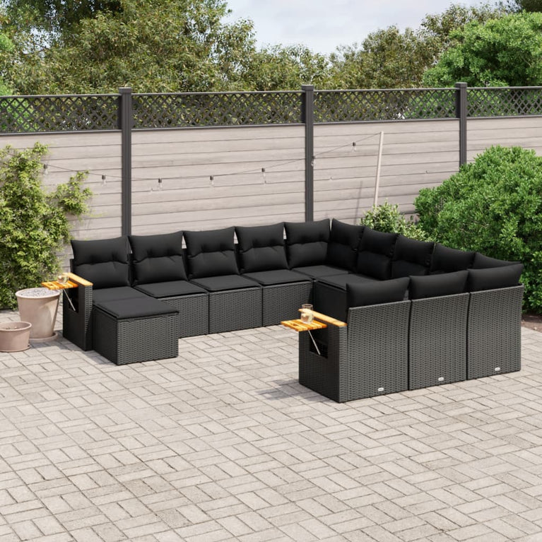 11-delige Loungeset met kussens poly rattan zwart