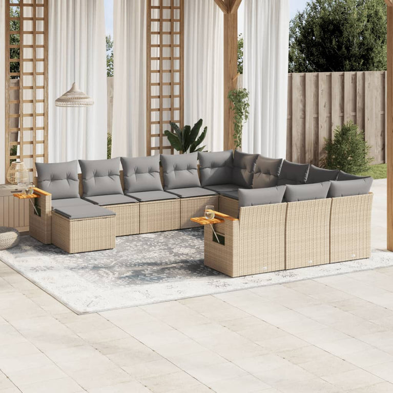 11-delige Tuinset met kussens poly rattan beige