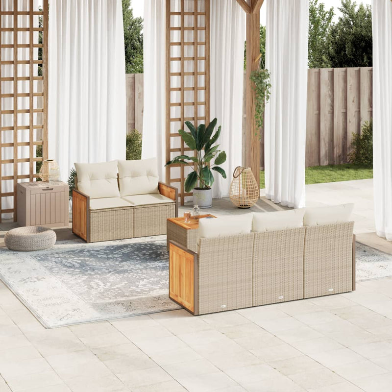 6-delige Loungeset met kussens poly rattan beige