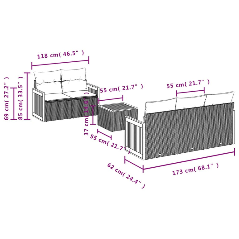 6-delige Loungeset met kussens poly rattan beige