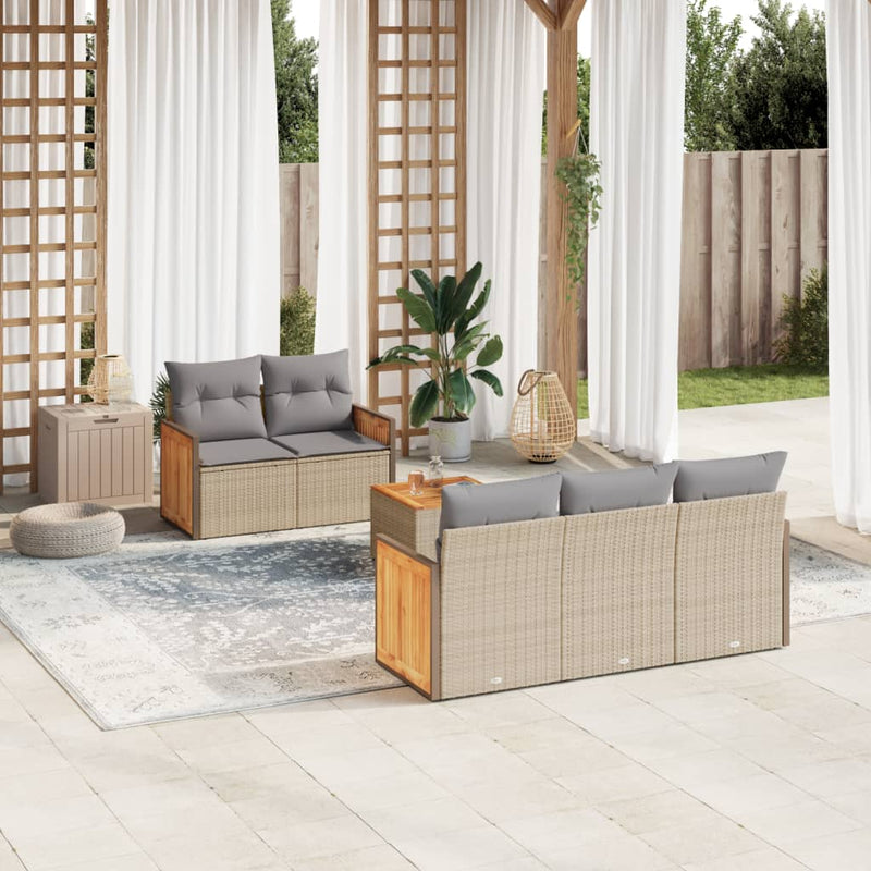 6-delige Loungeset met kussens poly rattan beige