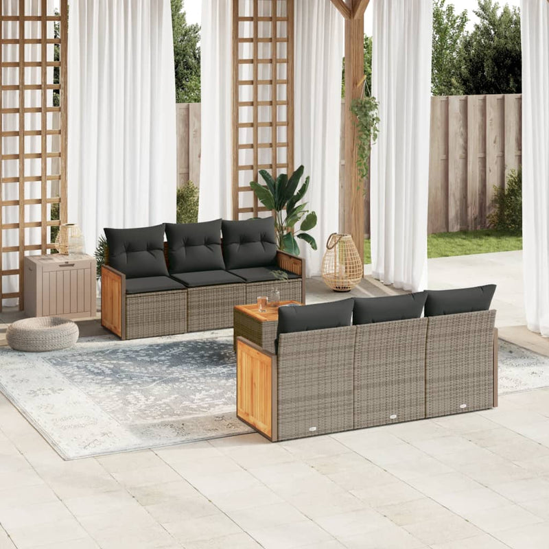 7-delige Loungeset met kussens poly rattan grijs