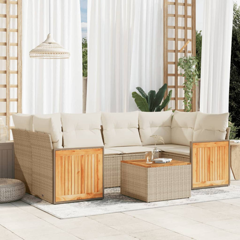7-delige Loungeset met kussens poly rattan beige
