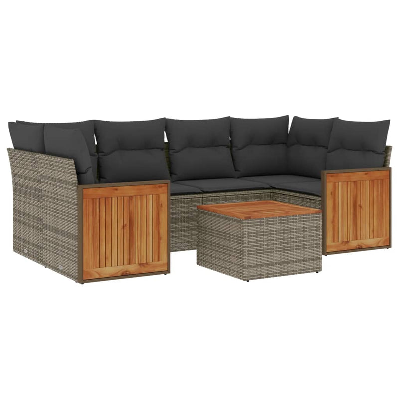 7-delige Loungeset met kussens poly rattan grijs