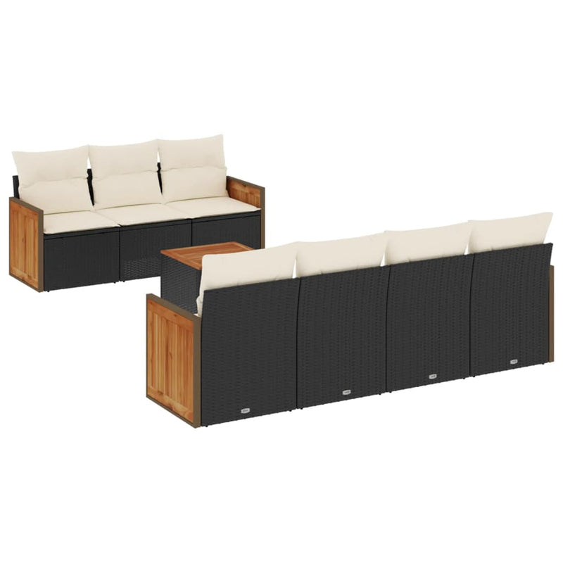 8-delige Loungeset met kussens poly rattan zwart