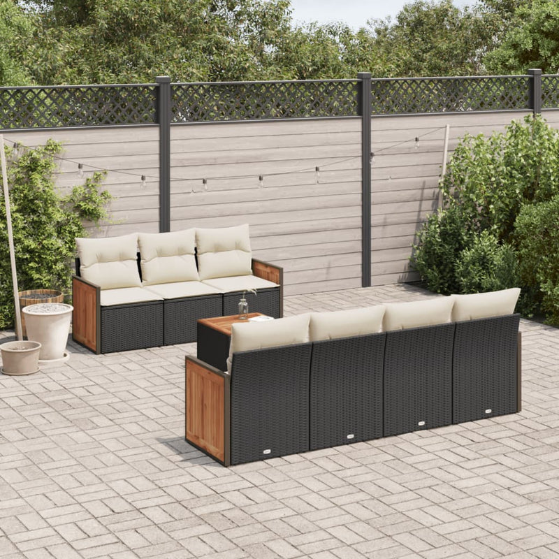 8-delige Loungeset met kussens poly rattan zwart