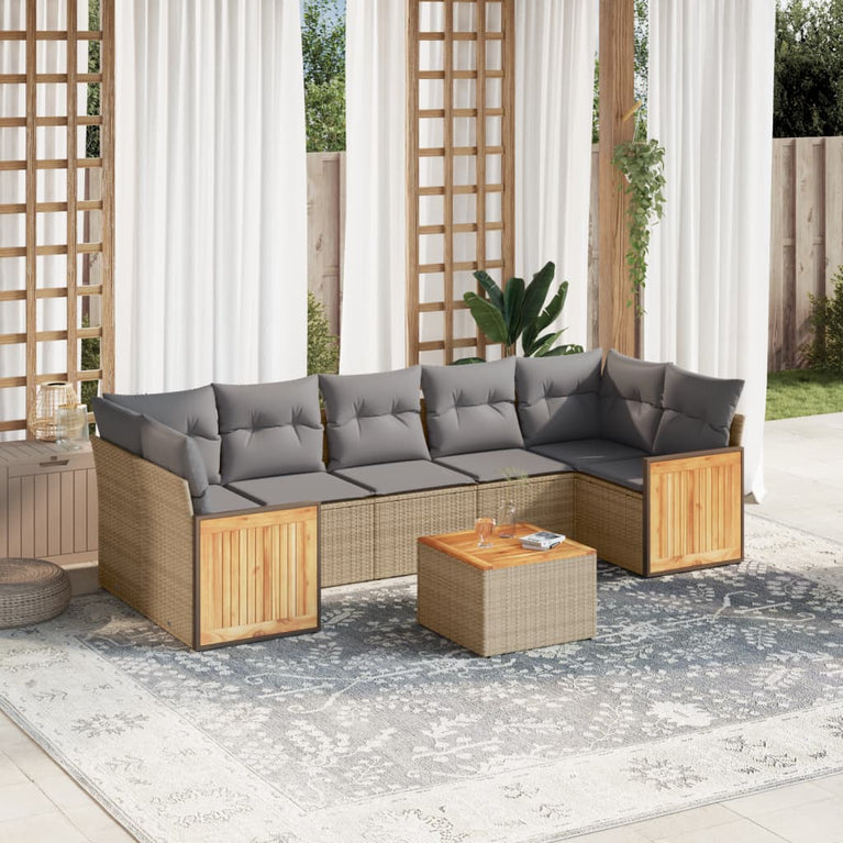 8-delige Loungeset met kussens poly rattan beige