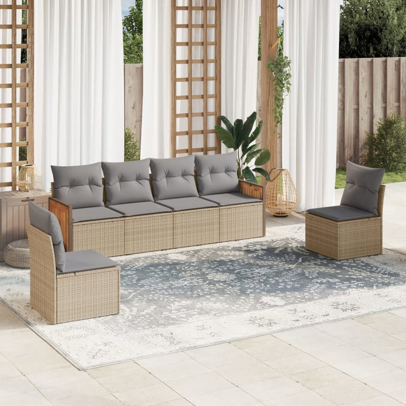 6-delige Loungeset met kussens poly rattan beige