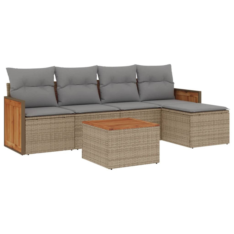 6-delige Loungeset met kussens poly rattan beige