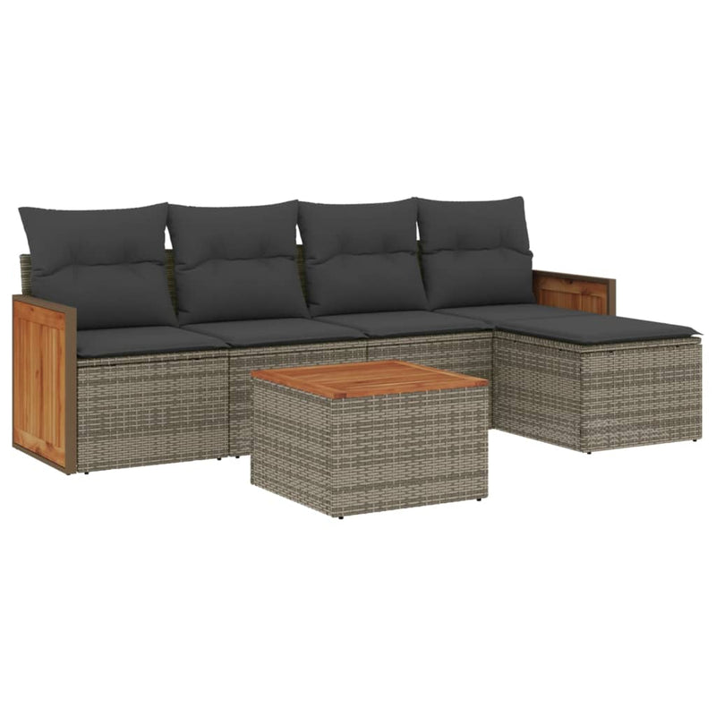 6-delige Loungeset met kussens poly rattan grijs