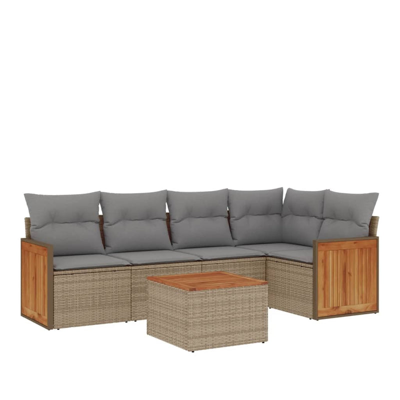 6-delige Loungeset met kussens poly rattan beige