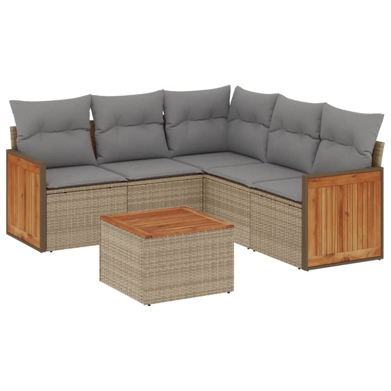 6-delige Loungeset met kussens poly rattan beige