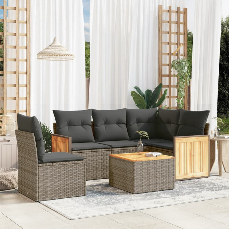 6-delige Loungeset met kussens poly rattan grijs