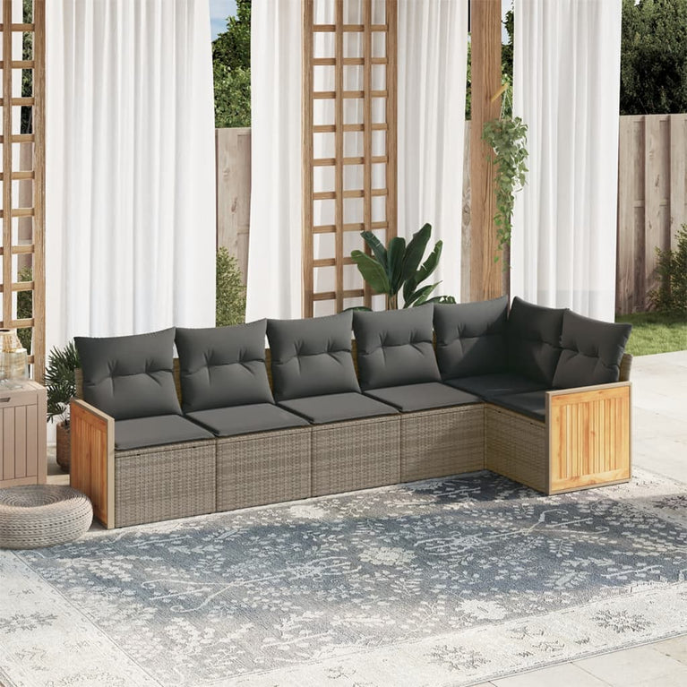 6-delige Loungeset met kussens poly rattan grijs
