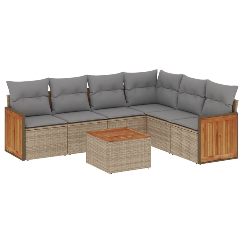 7-delige Loungeset met kussens poly rattan beige
