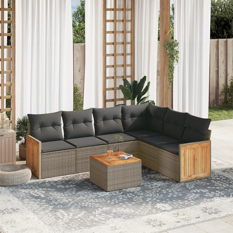 7-delige Loungeset met kussens poly rattan grijs