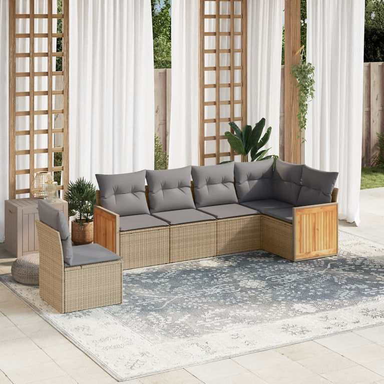 6-delige Loungeset met kussens poly rattan beige
